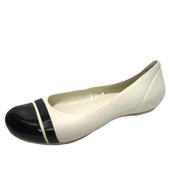 CROCS Black and White Ballet Flats with Glossy Toe Cap - Picture 1 of 8